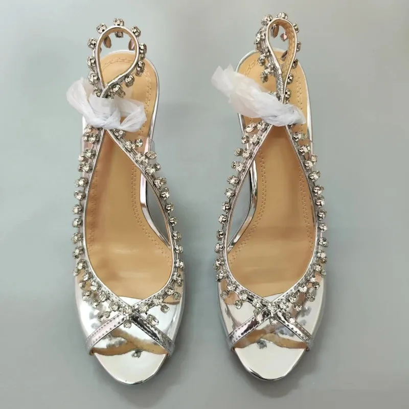 High-heeled Sandals Transparent Fish-mouth with Rhinestones