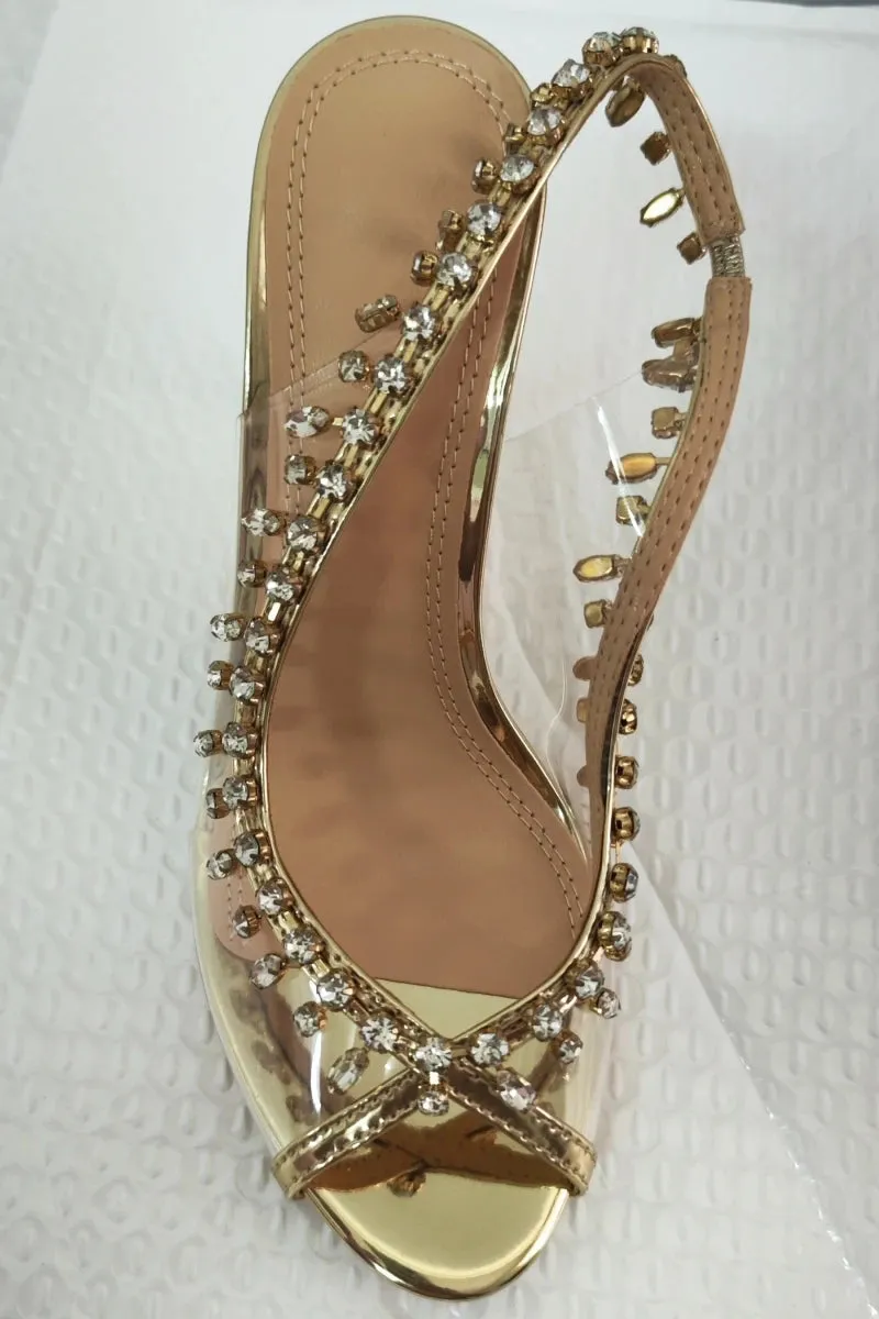 High-heeled Sandals Transparent Fish-mouth with Rhinestones