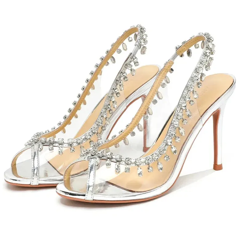 High-heeled Sandals Transparent Fish-mouth with Rhinestones