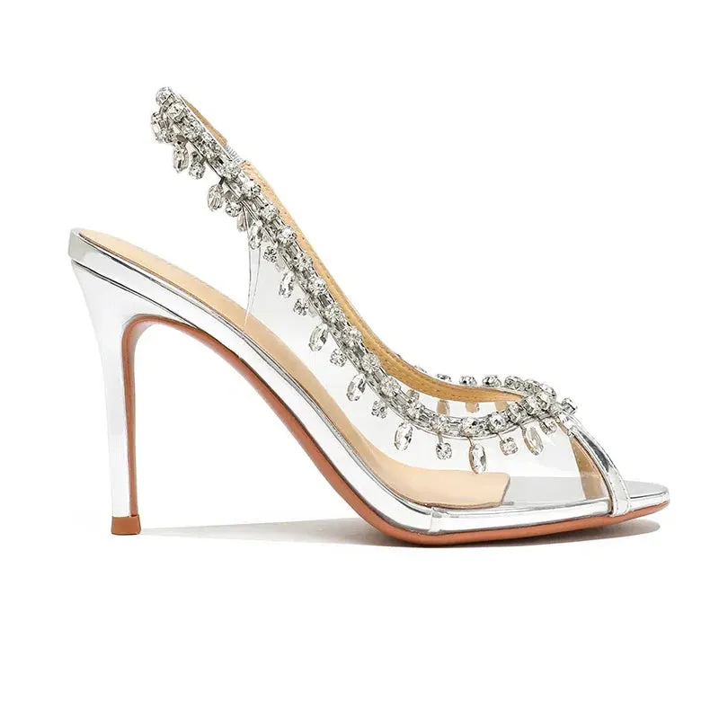 High-heeled Sandals Transparent Fish-mouth with Rhinestones