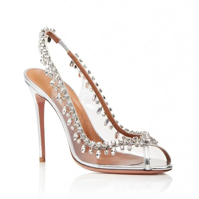 High-heeled Sandals Transparent Fish-mouth with Rhinestones