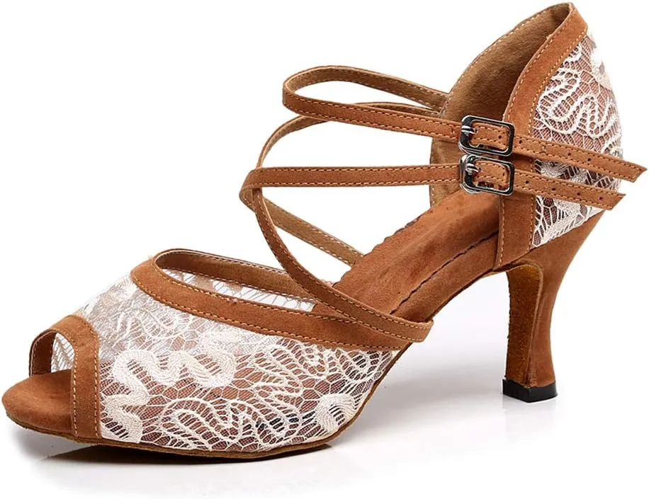 JUODVMP Dance Shoes for Women Lace Mesh Latin Ballroom Dance Shoes, Model QJW1060