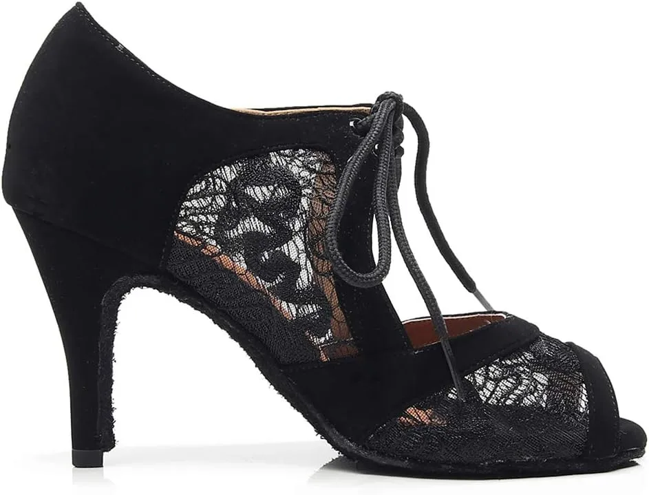 JUODVMP Dance Shoes for Women Lace Mesh Latin Ballroom Dance Shoes, Model QJW1060