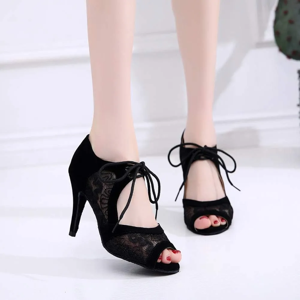 JUODVMP Dance Shoes for Women Lace Mesh Latin Ballroom Dance Shoes, Model QJW1060