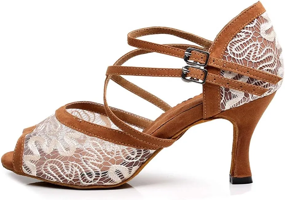 JUODVMP Dance Shoes for Women Lace Mesh Latin Ballroom Dance Shoes, Model QJW1060
