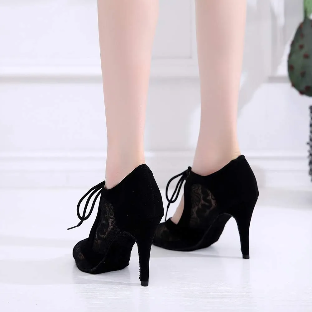 JUODVMP Dance Shoes for Women Lace Mesh Latin Ballroom Dance Shoes, Model QJW1060