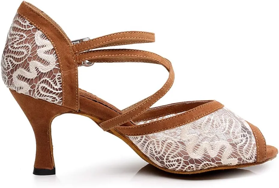 JUODVMP Dance Shoes for Women Lace Mesh Latin Ballroom Dance Shoes, Model QJW1060