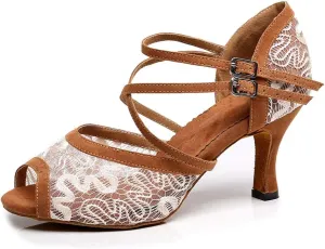 JUODVMP Dance Shoes for Women Lace Mesh Latin Ballroom Dance Shoes, Model QJW1060
