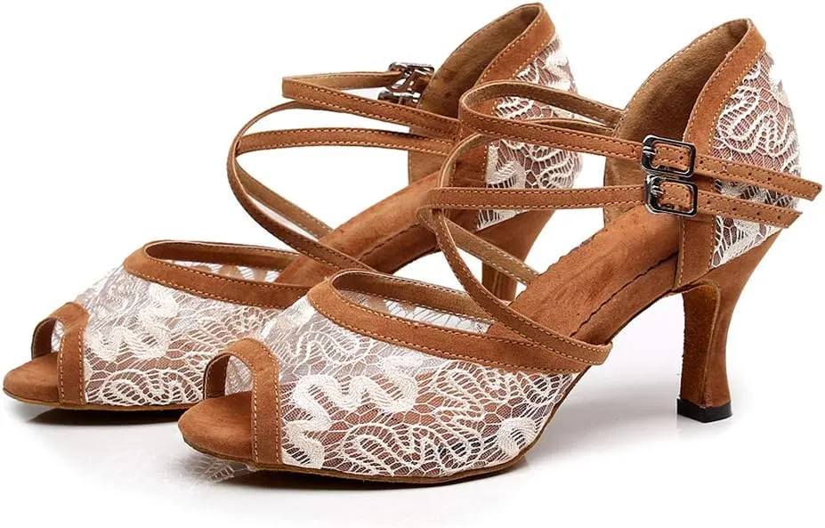 JUODVMP Dance Shoes for Women Lace Mesh Latin Ballroom Dance Shoes, Model QJW1060