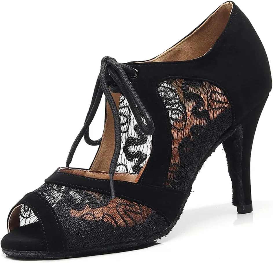 JUODVMP Dance Shoes for Women Lace Mesh Latin Ballroom Dance Shoes, Model QJW1060