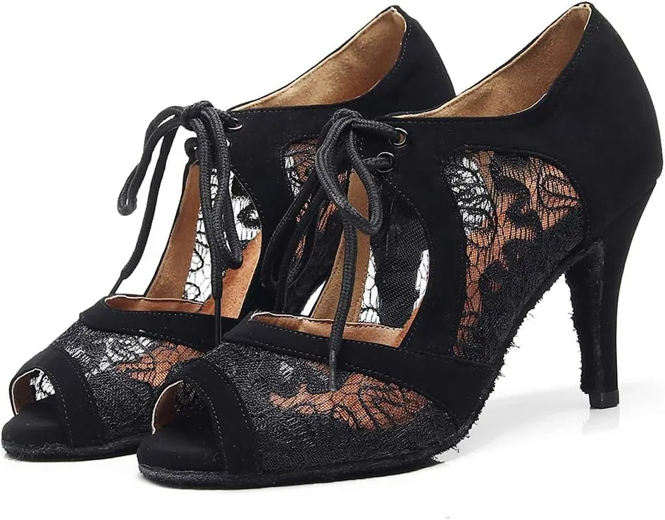 JUODVMP Dance Shoes for Women Lace Mesh Latin Ballroom Dance Shoes, Model QJW1060