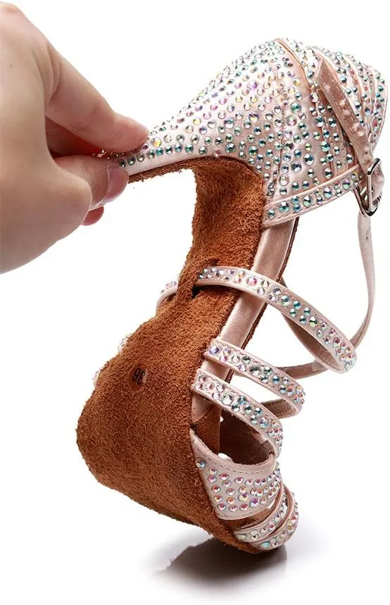 JUODVMP Women's Latin Dance Shoes Professional Rhinestone Ballroom Wedding Dance Shoes Salsa Performance Dancing Shoes with Cross Strap,Model VS-QJW1035