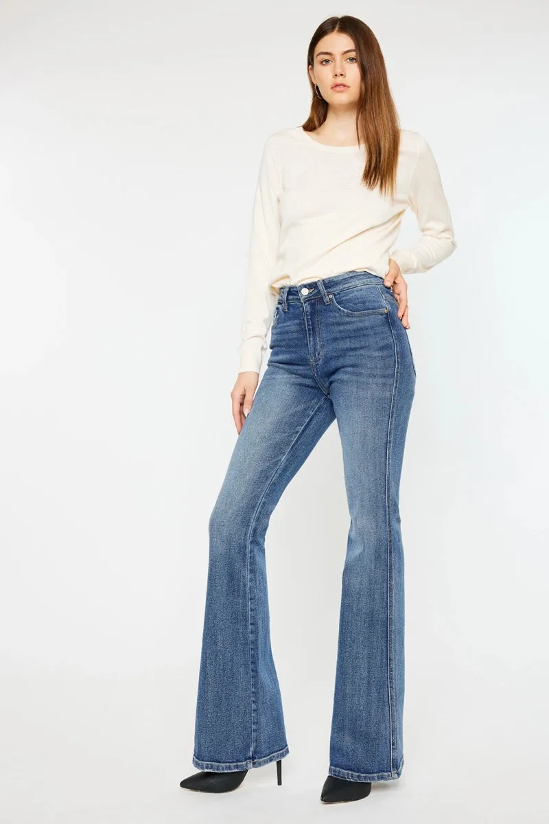 Kancan High Rise Clean Hem Stone Washed Flare Extra Long Jean Medium