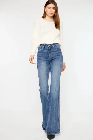 Kancan High Rise Clean Hem Stone Washed Flare Extra Long Jean Medium