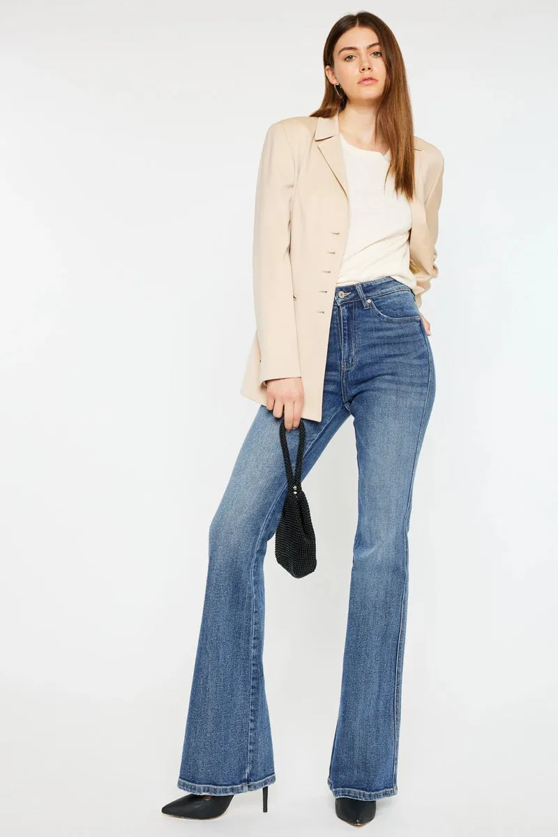 Kancan High Rise Clean Hem Stone Washed Flare Extra Long Jean Medium