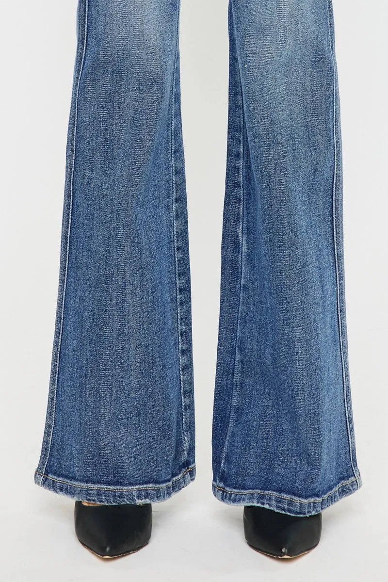 Kancan High Rise Clean Hem Stone Washed Flare Extra Long Jean Medium