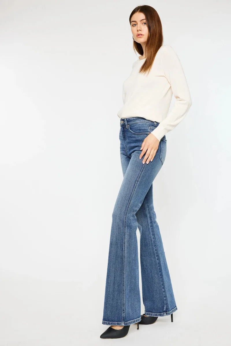 Kancan High Rise Clean Hem Stone Washed Flare Extra Long Jean Medium