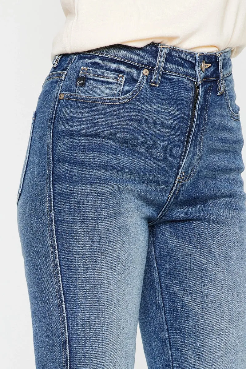 Kancan High Rise Clean Hem Stone Washed Flare Extra Long Jean Medium