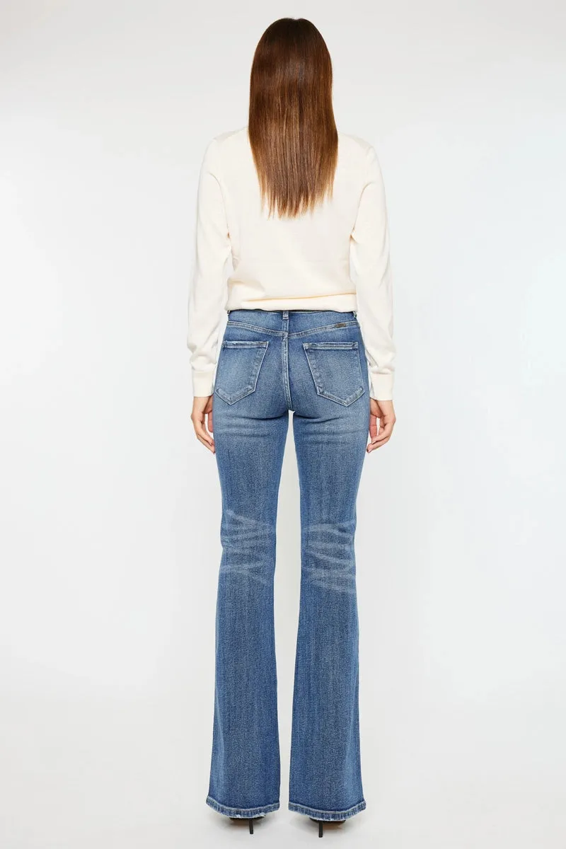 Kancan High Rise Clean Hem Stone Washed Flare Extra Long Jean Medium