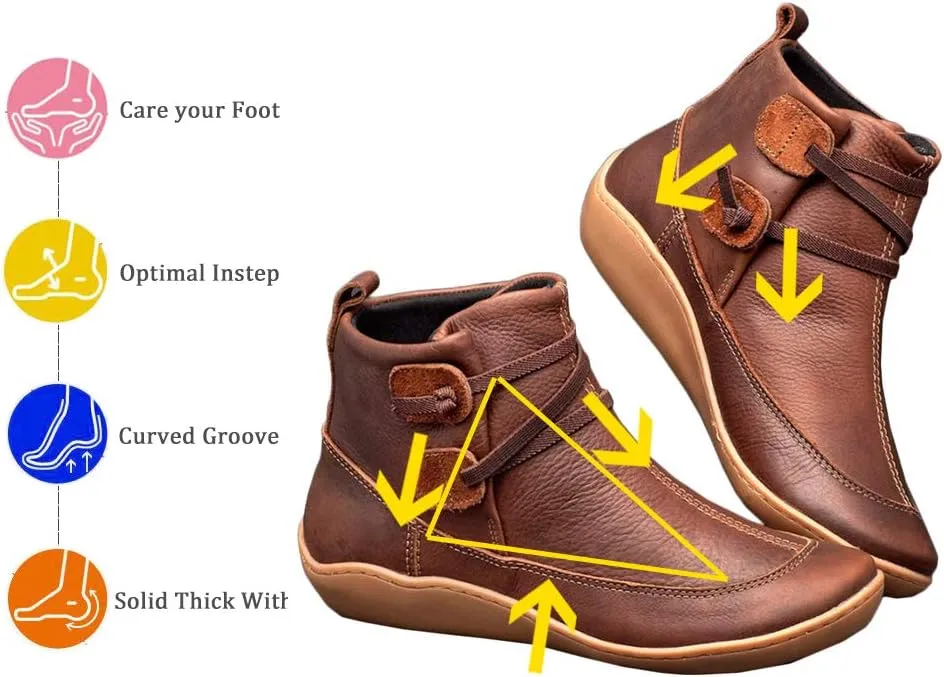 KINOW Arch Support Boots Women Leather Ankle Boots High Top Wedge Bootie Damping Shoes