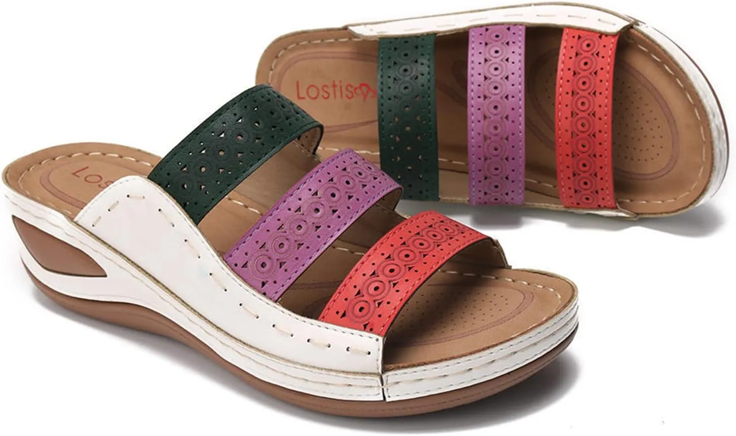 Ladmiple Sandals for Women Casual Summer Slip On Orthopedic Sandal Arch Support Beach Roman Open Toe Flip Flops Shoes