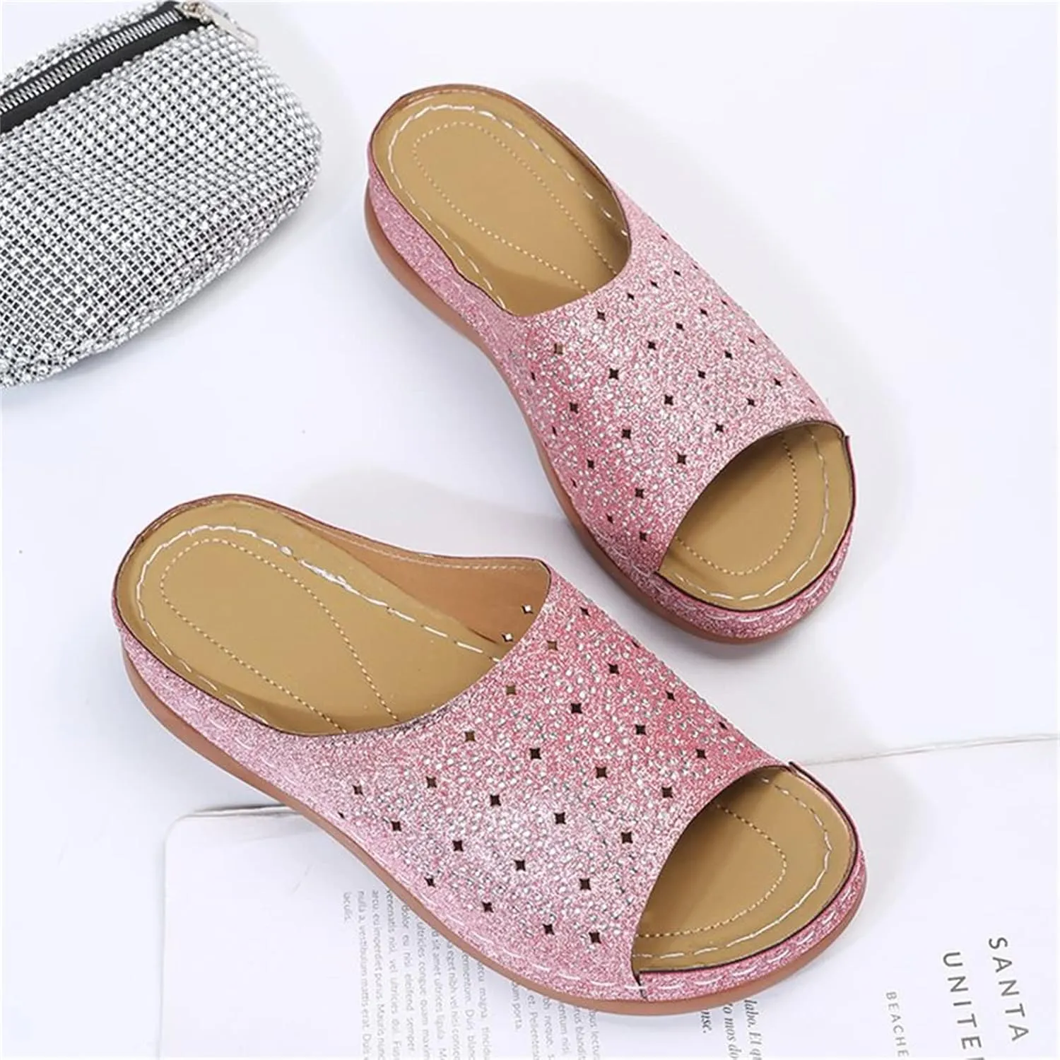 Ladmiple Womens Casual Summer Fashion Sparkly Orthopedic Platform Flip Flops Arch Support Roman Open Toe Slipper Shoes