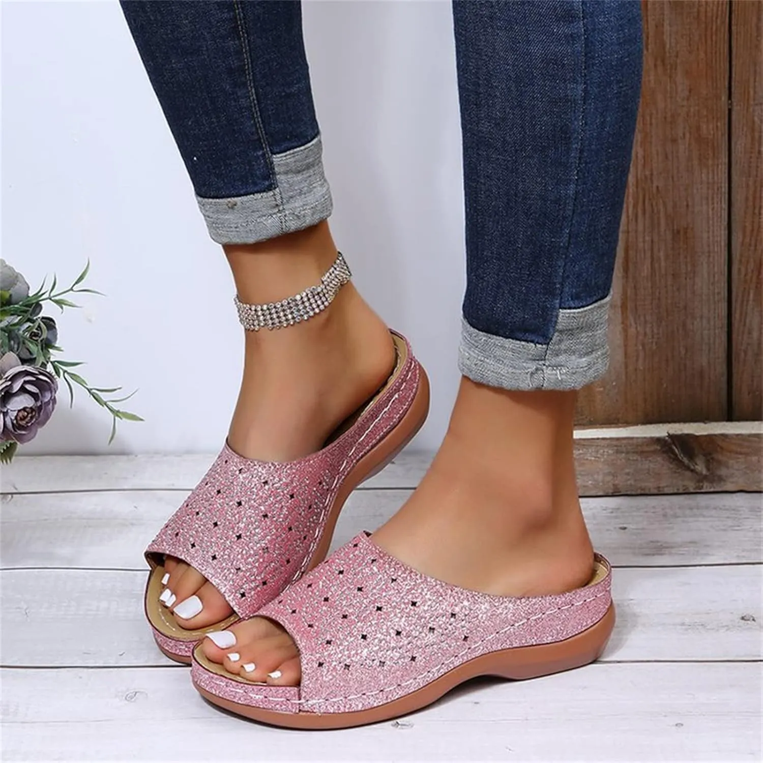 Ladmiple Womens Casual Summer Fashion Sparkly Orthopedic Platform Flip Flops Arch Support Roman Open Toe Slipper Shoes