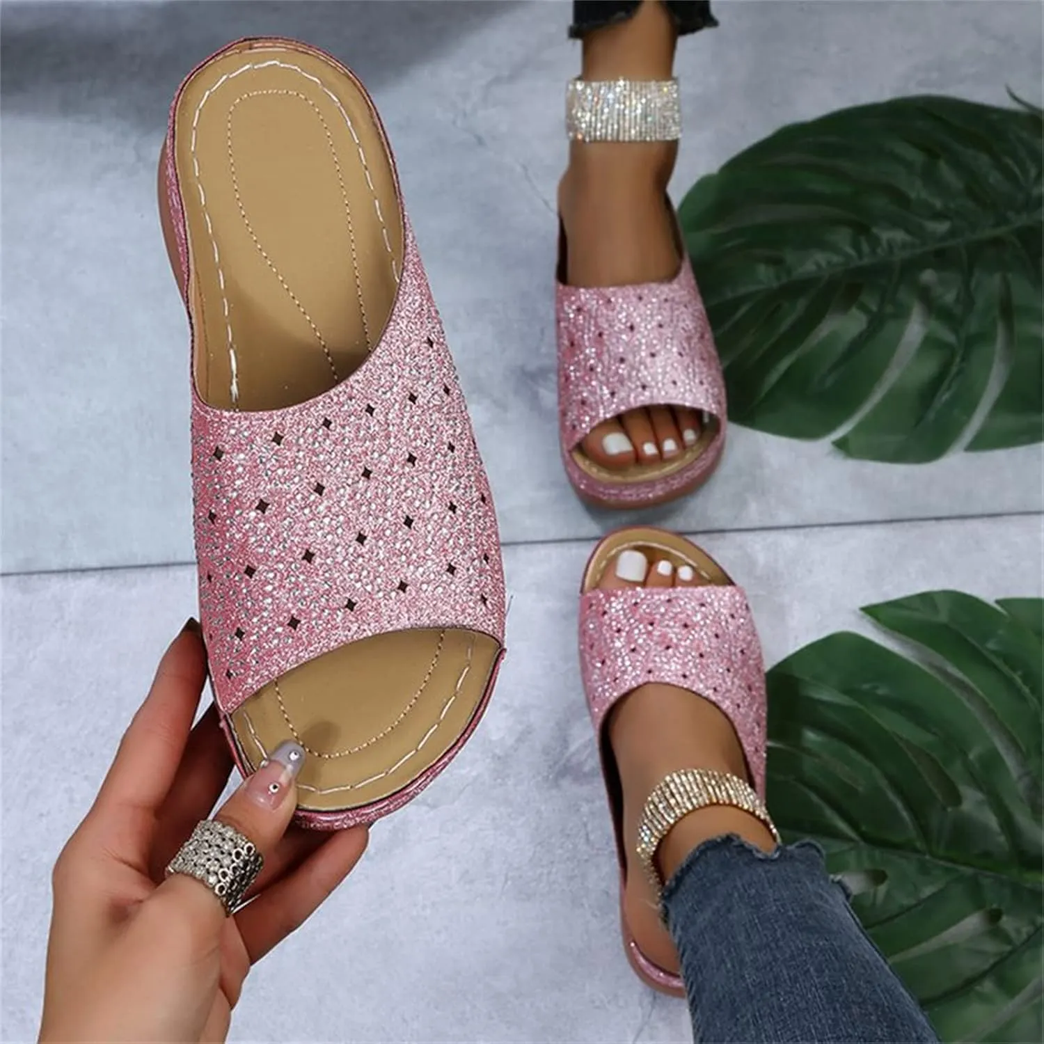 Ladmiple Womens Casual Summer Fashion Sparkly Orthopedic Platform Flip Flops Arch Support Roman Open Toe Slipper Shoes