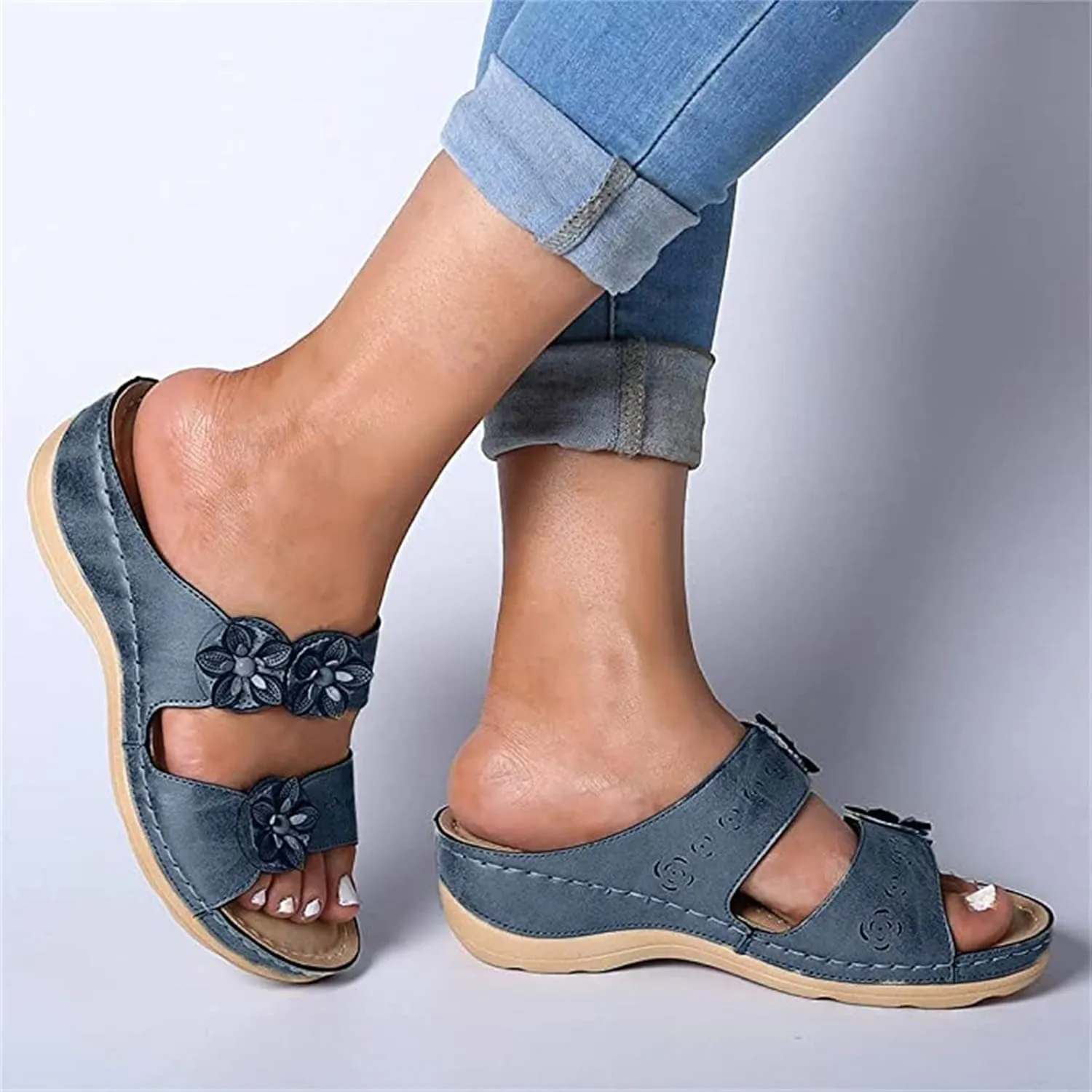 Ladmiple Womens Casual Summer Flower Orthopedic Wedge Flip Flops Arch Support Beach Roman Open Toe Slip On Slipper Shoes