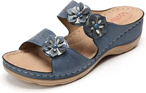Ladmiple Womens Casual Summer Flower Orthopedic Wedge Flip Flops Arch Support Beach Roman Open Toe Slip On Slipper Shoes