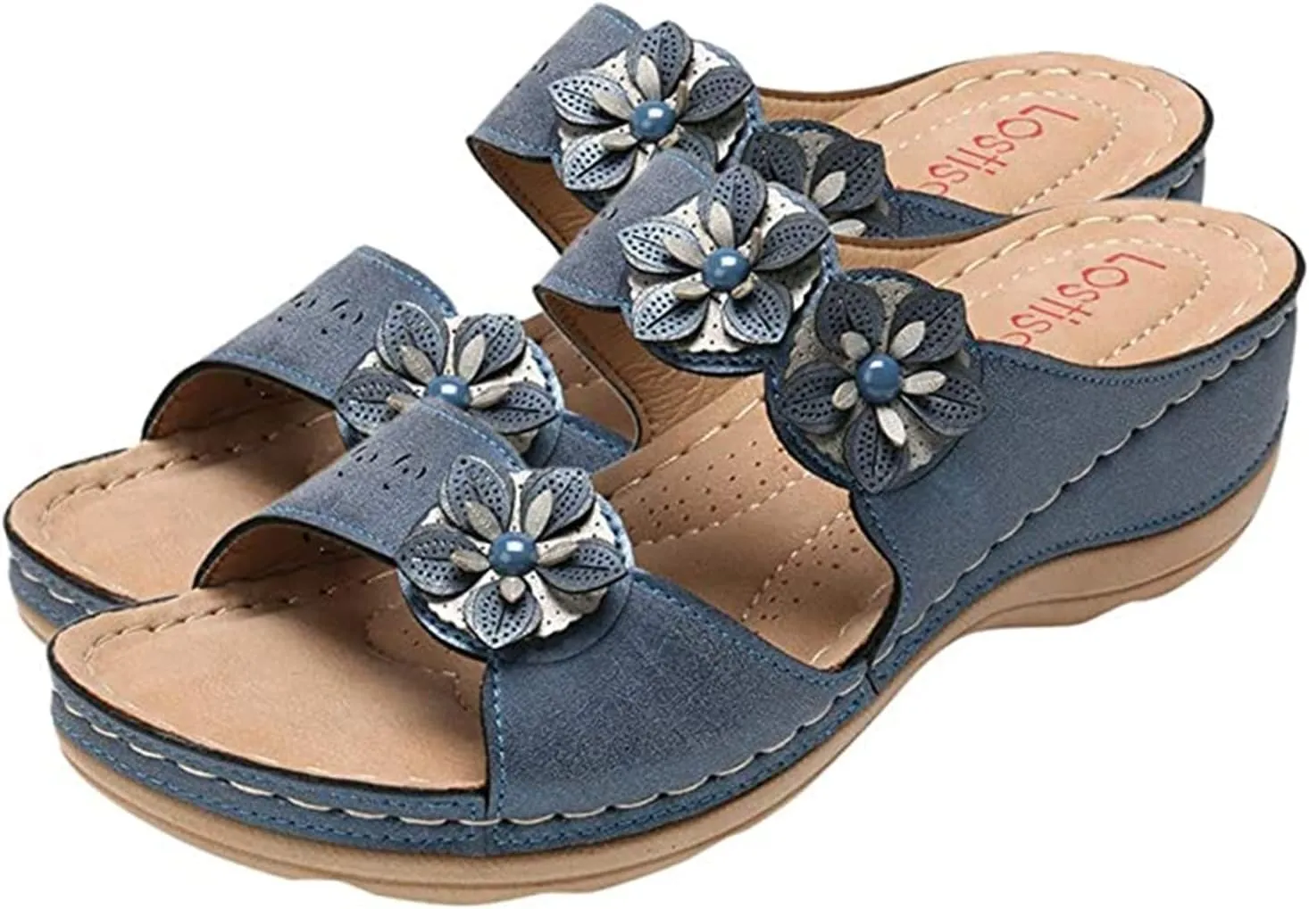 Ladmiple Womens Casual Summer Flower Orthopedic Wedge Flip Flops Arch Support Beach Roman Open Toe Slip On Slipper Shoes