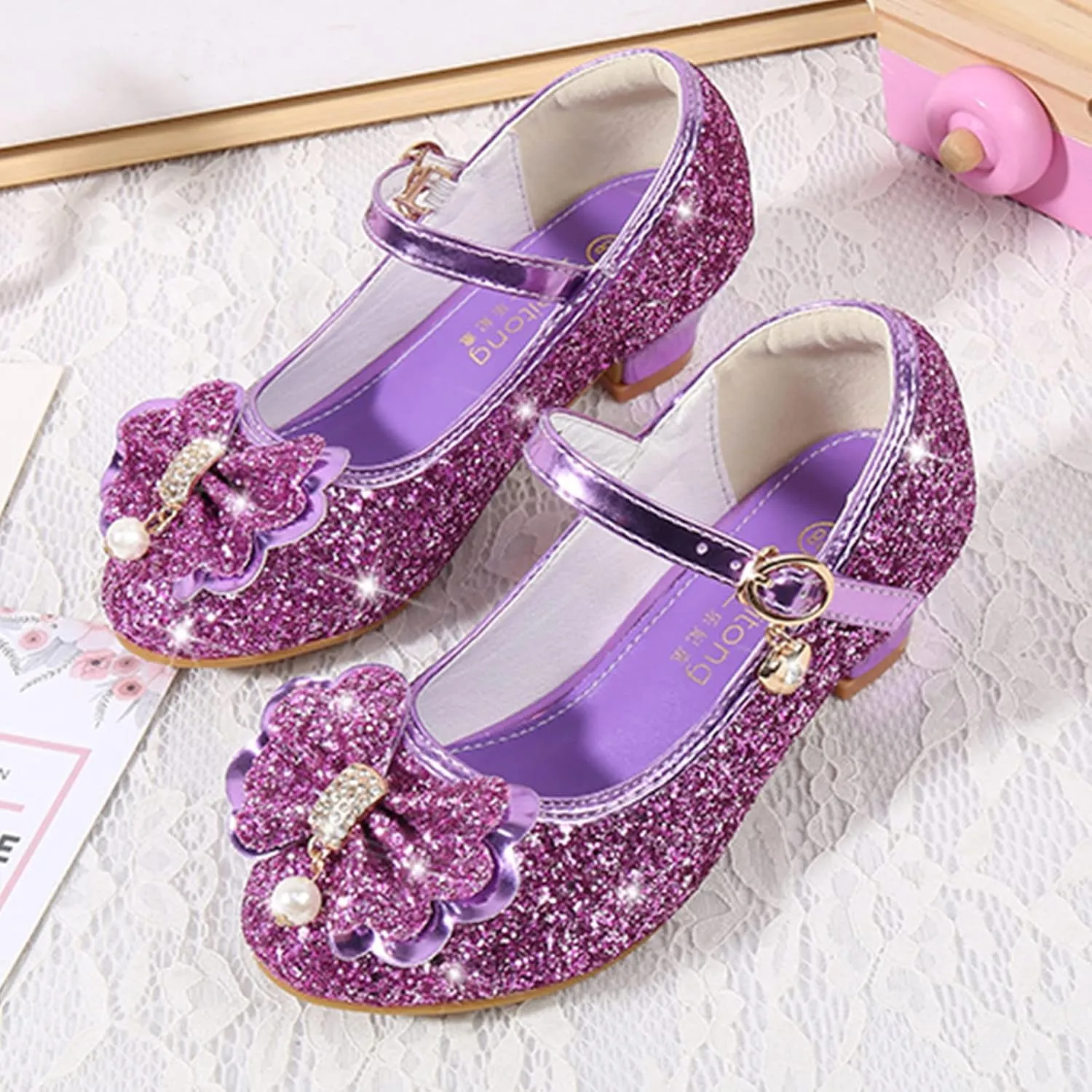 Little Girls Glitter Bowknot Dress Shoes Kids Mary Jane Low Heels Pary Wedding Girls Sandals Toddler Size 8