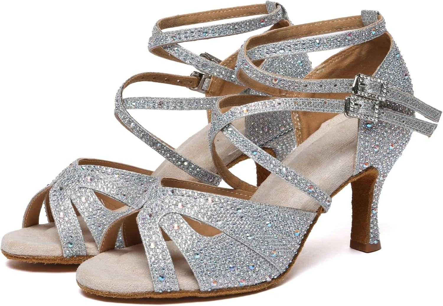 Minishion Dancing Heels for Women with Rhinestones Ankle Strap Wedding Formal Sandals Shoes