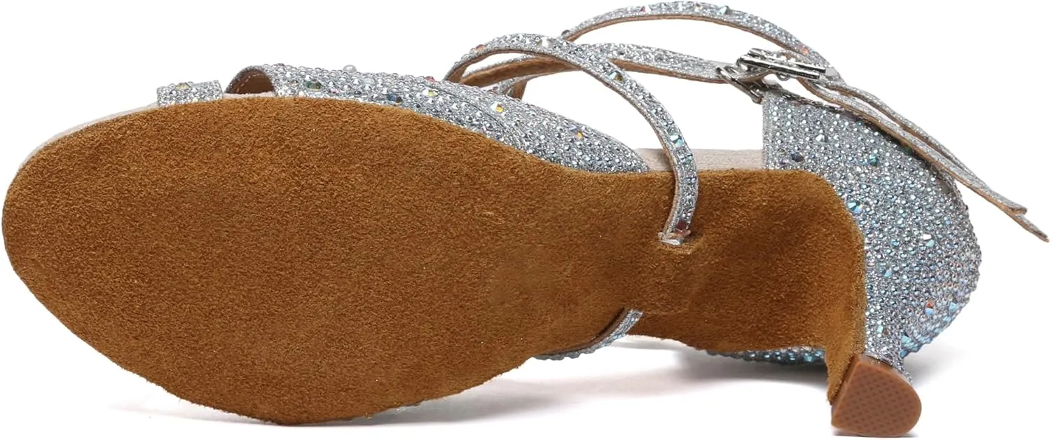 Minishion Dancing Heels for Women with Rhinestones Ankle Strap Wedding Formal Sandals Shoes