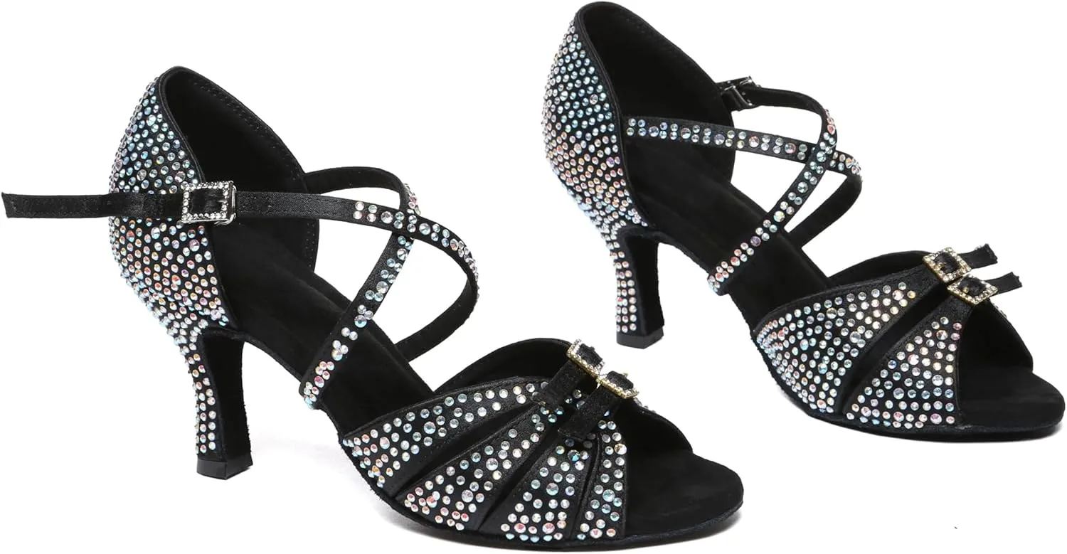 Minishion Dancing Heels for Women with Rhinestones Ankle Strap Wedding Formal Sandals Shoes