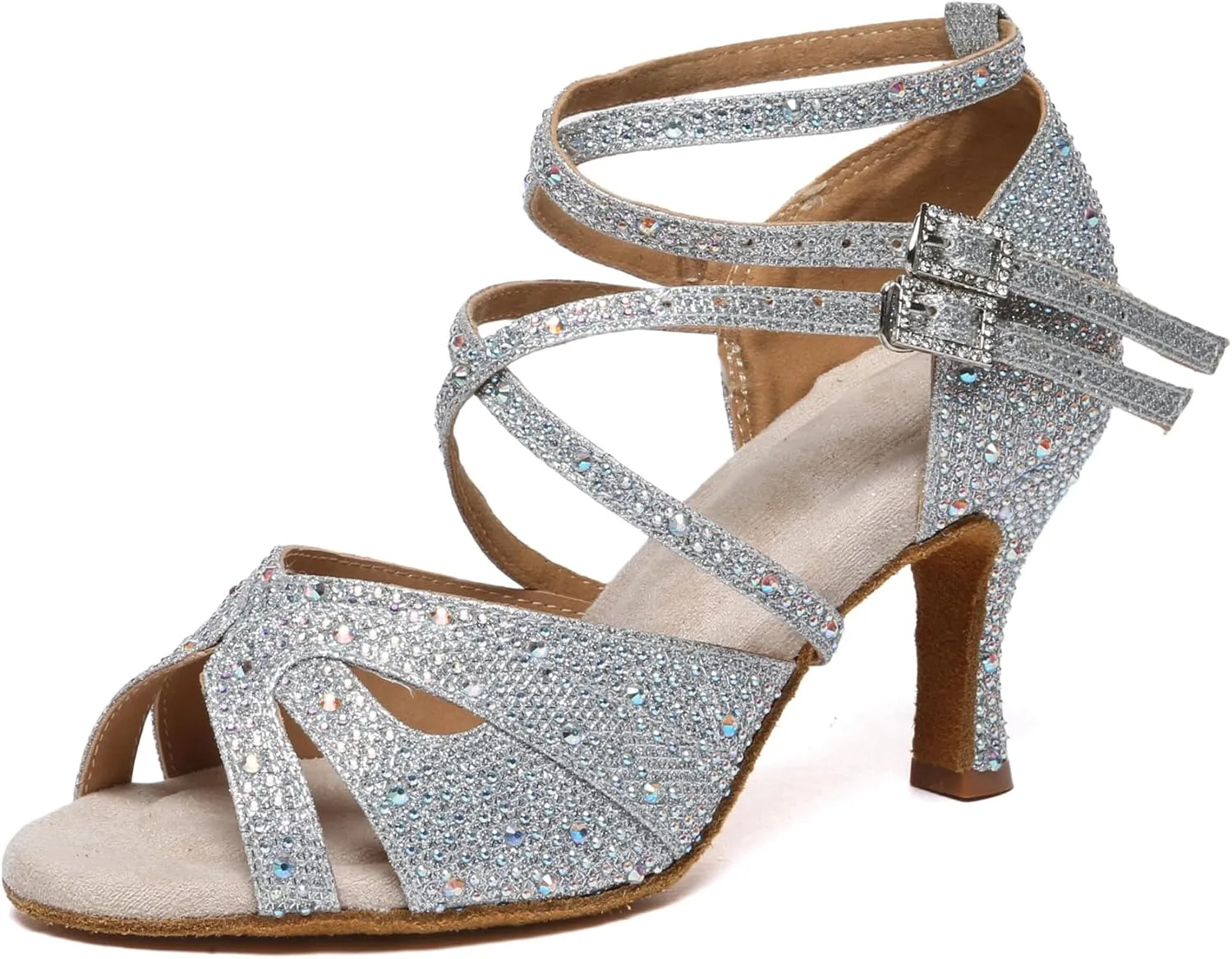 Minishion Dancing Heels for Women with Rhinestones Ankle Strap Wedding Formal Sandals Shoes