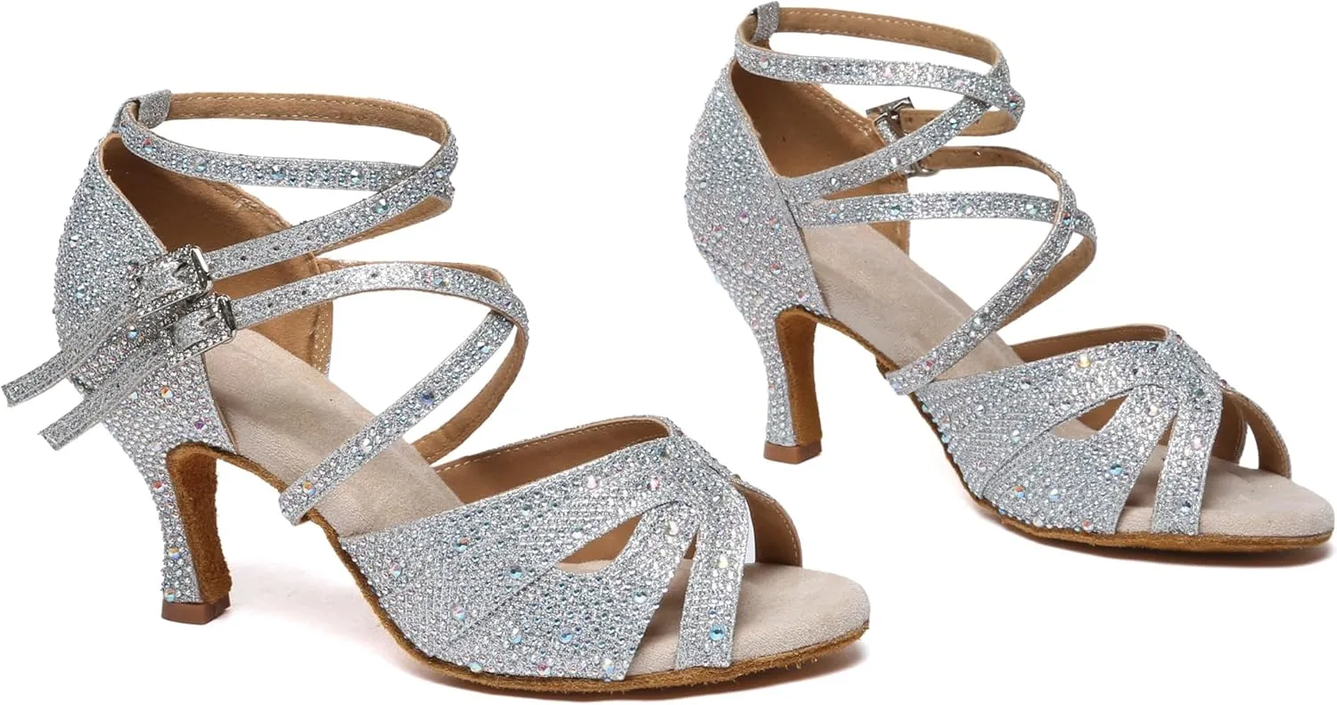 Minishion Dancing Heels for Women with Rhinestones Ankle Strap Wedding Formal Sandals Shoes
