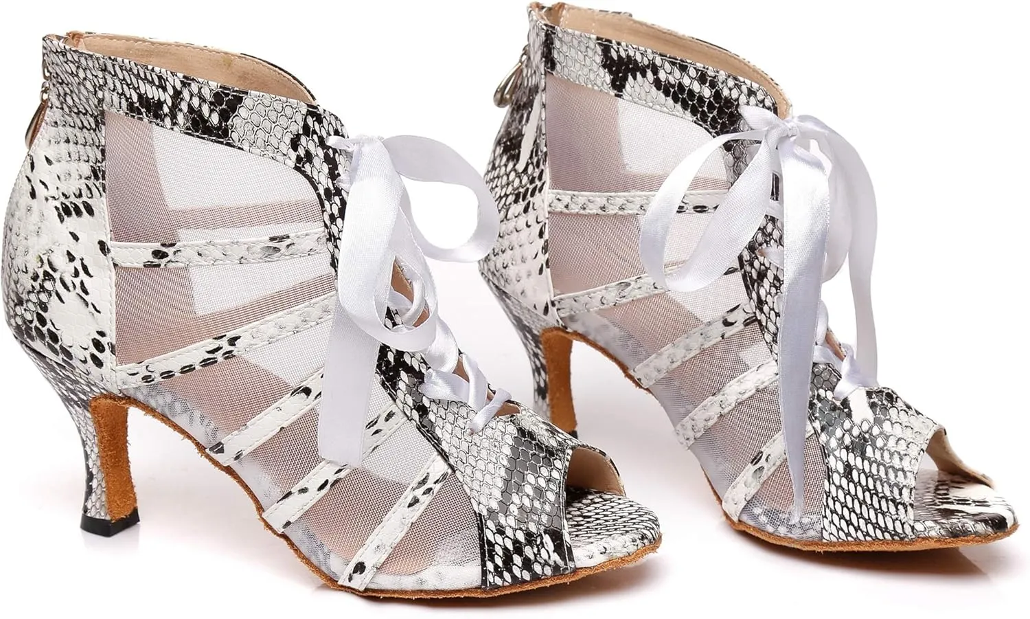 Minishion Women's Latin Salsa Ribbon Lacing Leopard Mesh Synthetic Social Dance Shoes Party Ankle Sandals