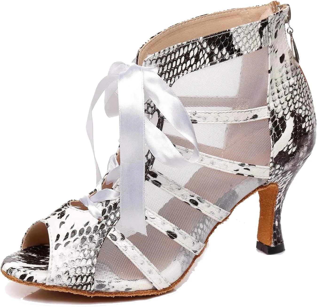 Minishion Women's Latin Salsa Ribbon Lacing Leopard Mesh Synthetic Social Dance Shoes Party Ankle Sandals