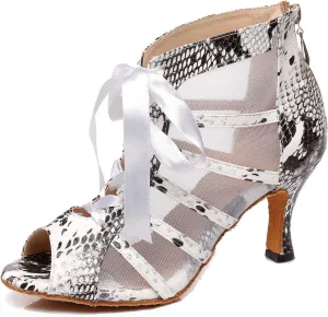 Minishion Women's Latin Salsa Ribbon Lacing Leopard Mesh Synthetic Social Dance Shoes Party Ankle Sandals