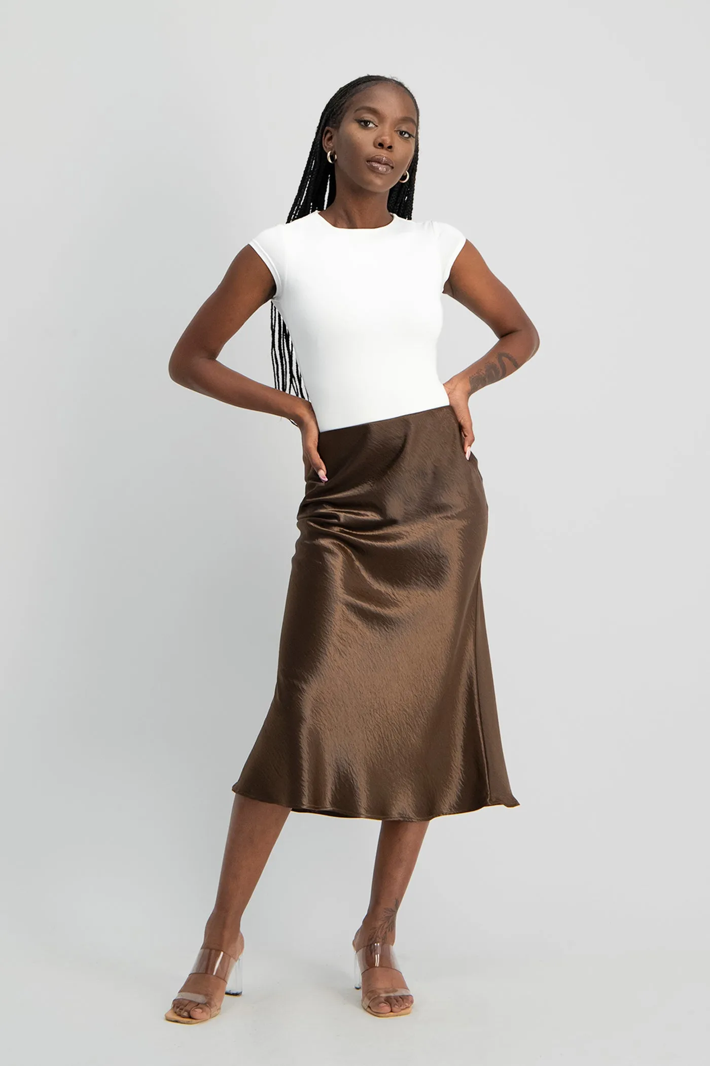 Natalie Satin Midi Skirt - Chocolate