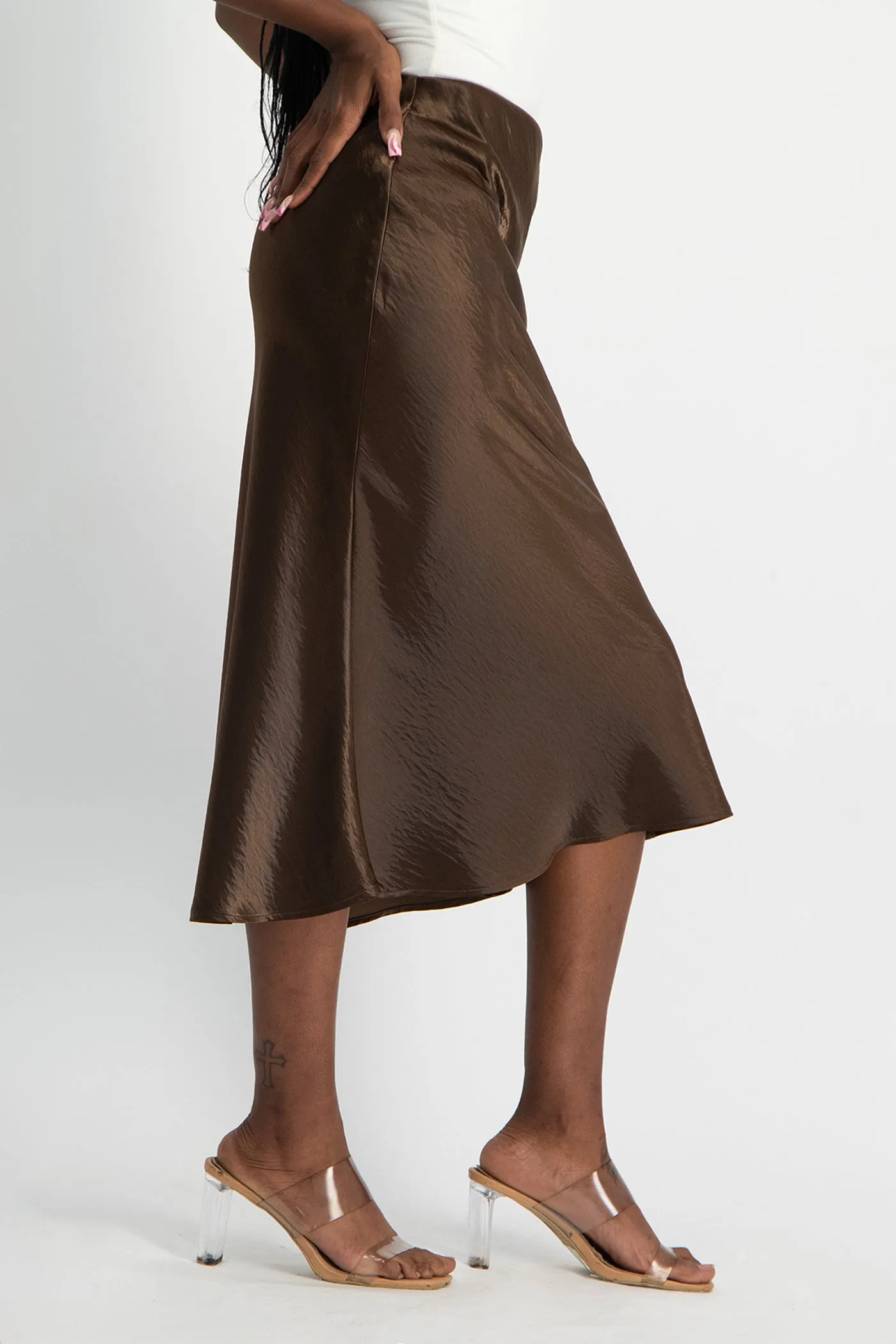 Natalie Satin Midi Skirt - Chocolate