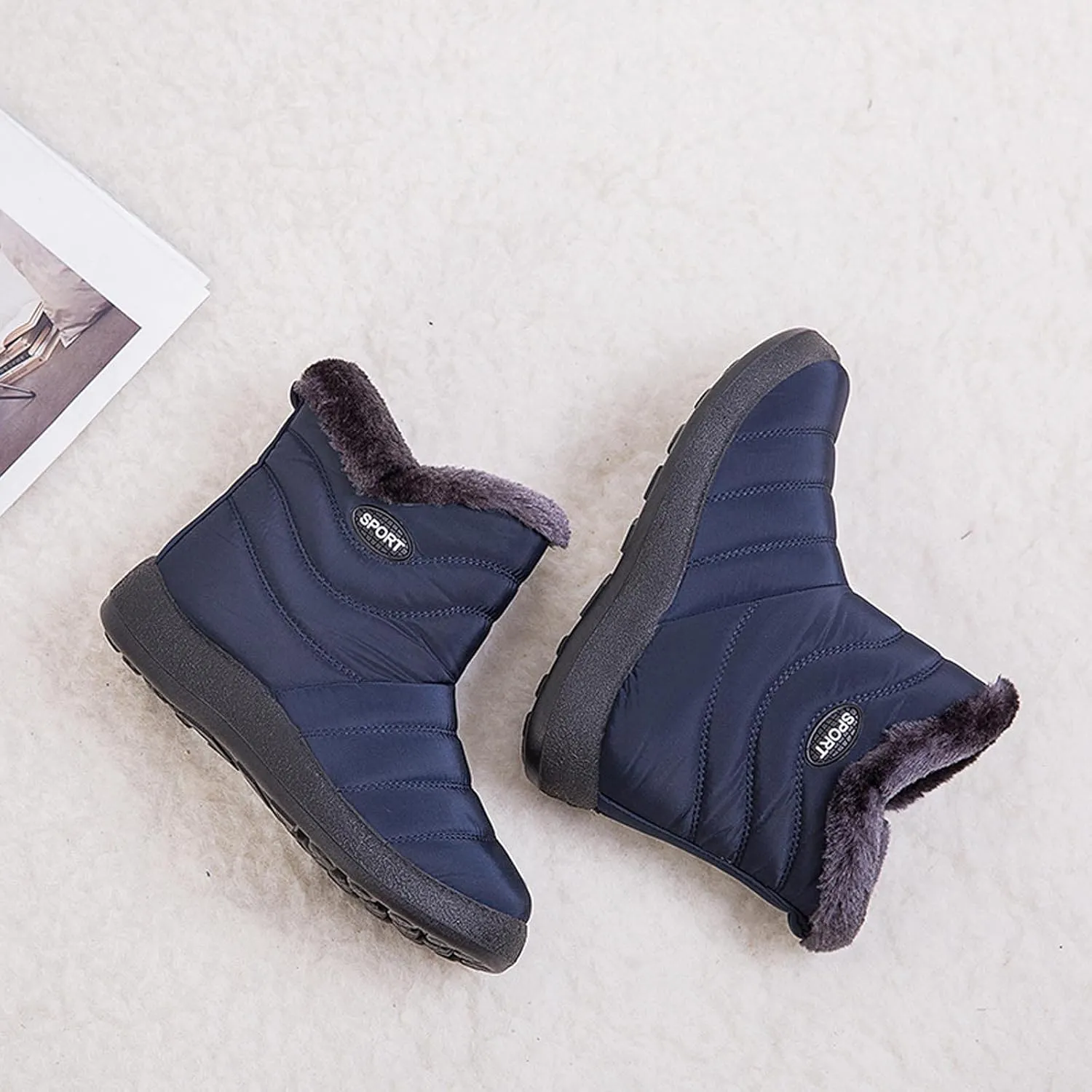 oiangi Snow Boots for Women Waterproof Fashion Solid Round Toe Slip-on Platform Ankle Boots Winter Comfortable Warm Quilted Outdoor Casual Flat Shoes