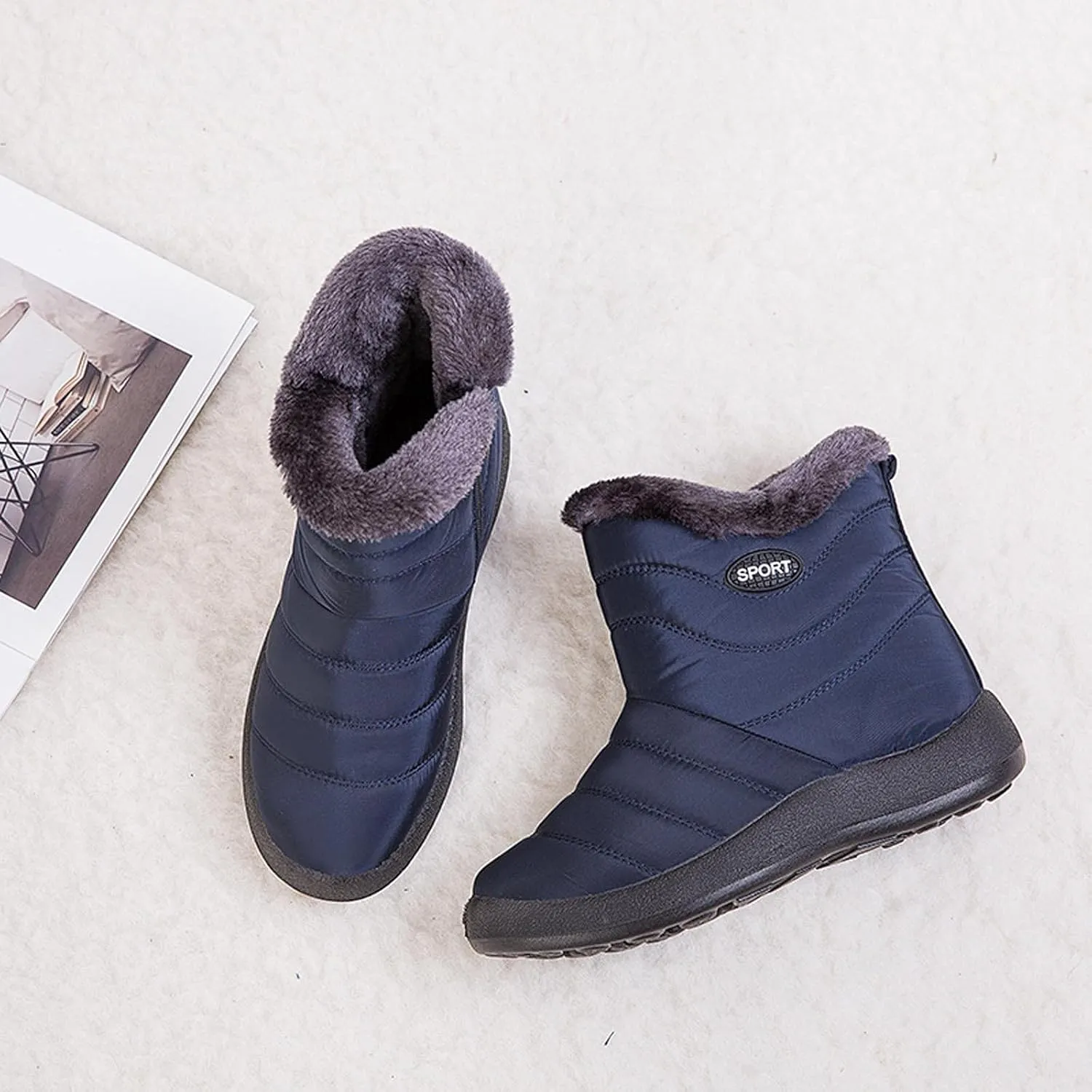 oiangi Snow Boots for Women Waterproof Fashion Solid Round Toe Slip-on Platform Ankle Boots Winter Comfortable Warm Quilted Outdoor Casual Flat Shoes