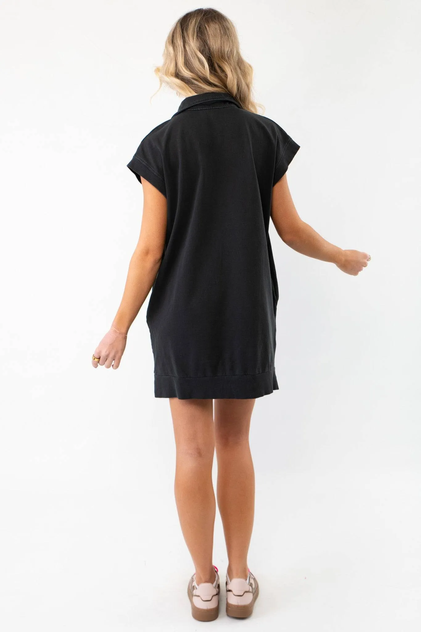 On The Go Black Quarterzip Mini Dress