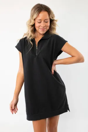 On The Go Black Quarterzip Mini Dress