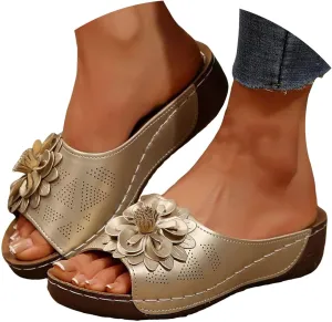 Orthopedic Sandals for Women 2025 New Chic Flower Orthotic Sandal Arch Support Boho Beach Slides Fish Mouth Open Toe Wedge Platform Comfortable Low Heel Hollow Out Slippers for Dressy Casual Wear