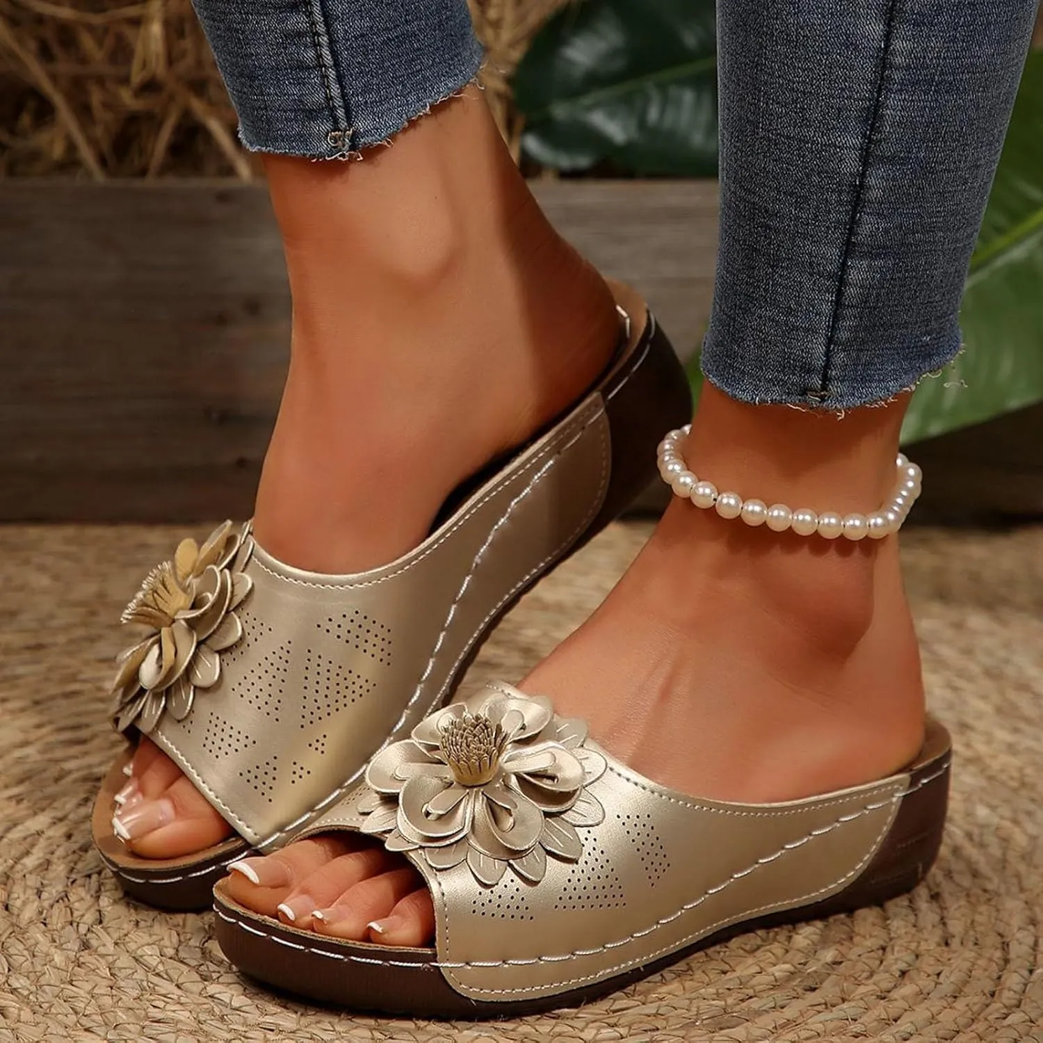 Orthopedic Sandals for Women 2025 New Chic Flower Orthotic Sandal Arch Support Boho Beach Slides Fish Mouth Open Toe Wedge Platform Comfortable Low Heel Hollow Out Slippers for Dressy Casual Wear