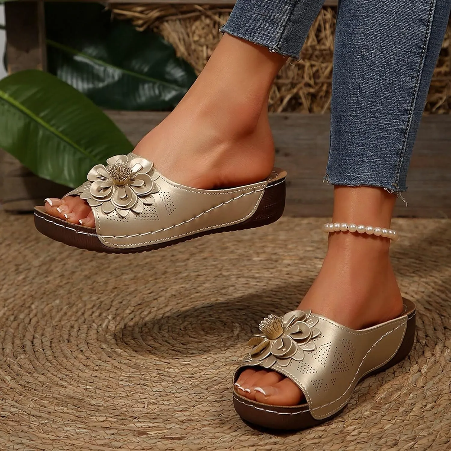 Orthopedic Sandals for Women 2025 New Chic Flower Orthotic Sandal Arch Support Boho Beach Slides Fish Mouth Open Toe Wedge Platform Comfortable Low Heel Hollow Out Slippers for Dressy Casual Wear