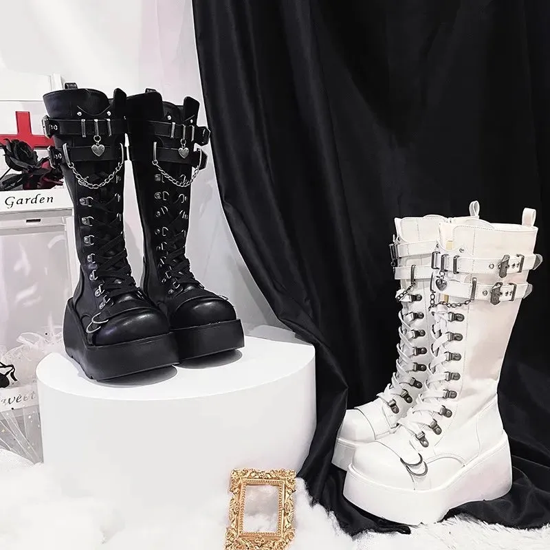 Punk Heart Buckle High Heels Pumps Women 2024 Spring Y2K Black Chunky Platform Lolita Shoes Woman Bowtie Thick Heel Gothic Shoes